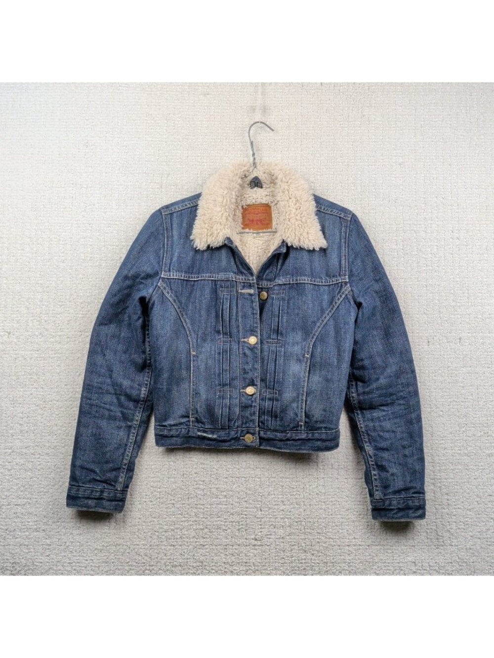 Y2K Levis Denim Jacket Dark Indigo Blue Sherpa Lined Jeans Trucker Biker Wom S